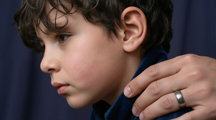 Father comforting his sad son with a hand on his shoulder. Close-up of a pensive child receiving parental support. Family care and guidance concept