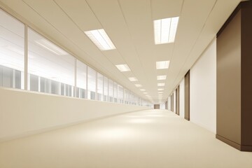 Modern office hallway with bright fluorescent lights, offering a spacious and minimalistic design for corporate workspaces and productivity.