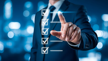 Businessman interacting with digital checklist interface