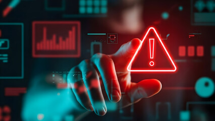 Warning sign in neon lit digital interface