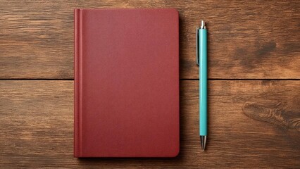 A red hardcover notebook sits beside a turquoise ballpoint pen on a wooden desk. Concept Red notebook, Turquoise pen, Wooden desk, Office desk setup, Color contrast