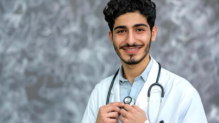 Smiling young male doctor with stethoscope posing confidently.