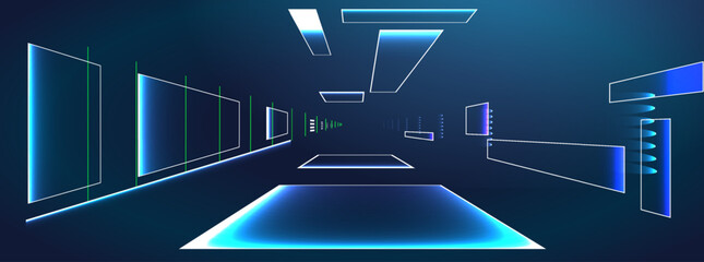 Digital art showing a futuristic corridor with glowing lines and shapes at night in a virtual space