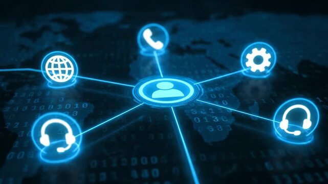 Digital Global Network Communication - A digital network shows a human icon connected to various services like call center, phone, gears, and a briefcase over a binary code background with a world