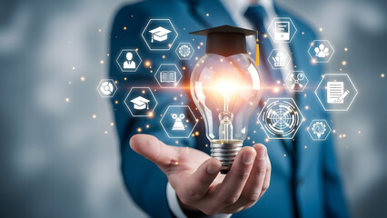 Innovative business education concept with light bulb and graduation cap