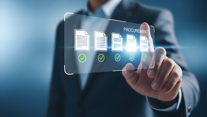 Businessman interacting with a futuristic transparent touchscreen display