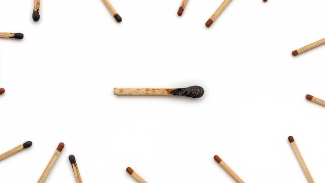 A central burnt matchstick surrounded by unburned matchsticks arranged in a circular pattern.