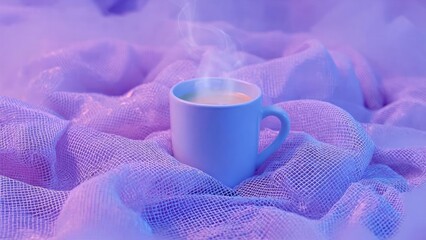 Blue mug with a steaming hot drink sits on soft purple mesh fabric. Concept Blue mug, Steaming drink, Soft purple mesh fabric, Cozy tabletop setup, Home coffee scene