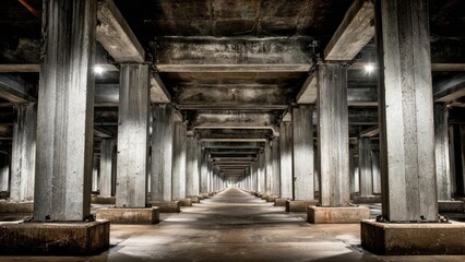 Fototapeta premium A long underground concrete hall with rows of square columns forming a tunnel-like corridor. Concept Industrial tunnel photography with square columns and leading lines