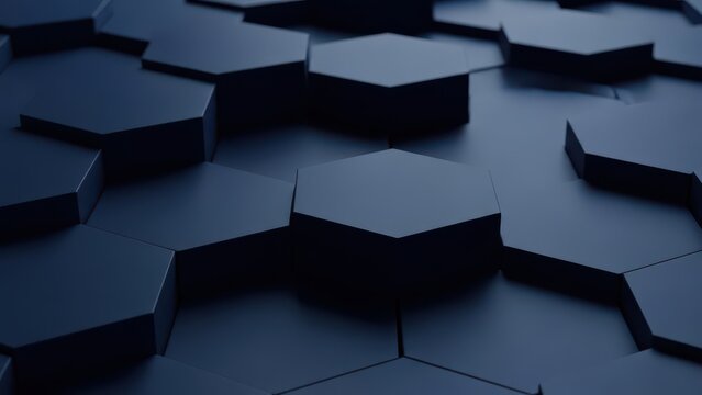 Abstract geometric dark blue hexagonal pattern with a textured surface and depth of field - Powered by Adobe