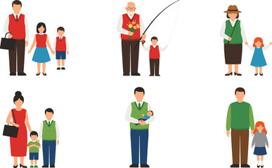 Family Generation and Lifestyle Illustration Set with Parents, Kids, Grandfather, Outdoor Activities, Relationships, and Daily Social Life for Children Designs