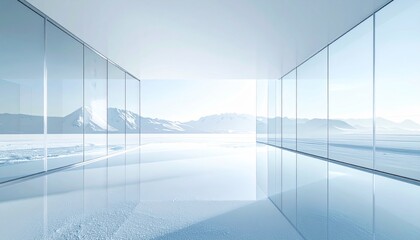 Fototapeta premium Minimalist White Interior with Glass Walls and Panoramic Mountain View