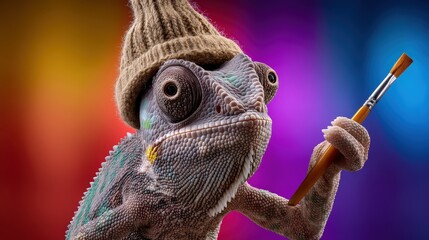 Artistic Chameleon Painter Wearing a Beanie and Holding Paintbrush