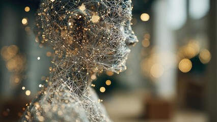 A wireframe human figure formed by a network of interconnected lines and glowing nodes. Concept Wireframe human figure formed by a network of lines, Glowing nodes creating a luminous grid