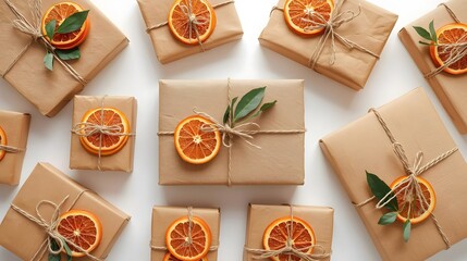 Artisan Presents: A curated collection of beautifully wrapped gifts, each adorned with a slice of dried citrus and delicate greenery, exuding rustic charm and thoughtful artistry. 