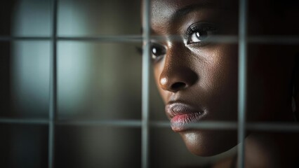 Close-up of a Black woman’s face behind metal bars, gazing through the grid with a somber, contemplative expression. Concept Close-up portrait, bars and confinement, somber contemplative gaze