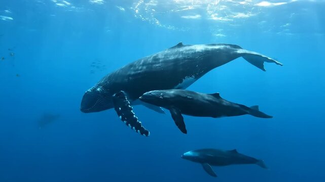 Humpback whale mother and calf swimming gracefully underwater in the blue ocean