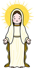 Cute Virgin Mary character illustration with a gentle smile, Mother Mary in soft pastel colors, friendly religious art for kids and nursery.