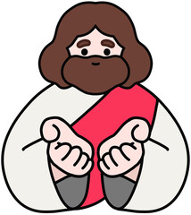 Cute Jesus Christ character illustration with warm smile and open arms, soft pastel colors, friendly religious art for kids