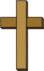 Rustic hand-drawn wooden cross illustration with natural wood texture, simple Christian symbol in warm brown tones for wall art.