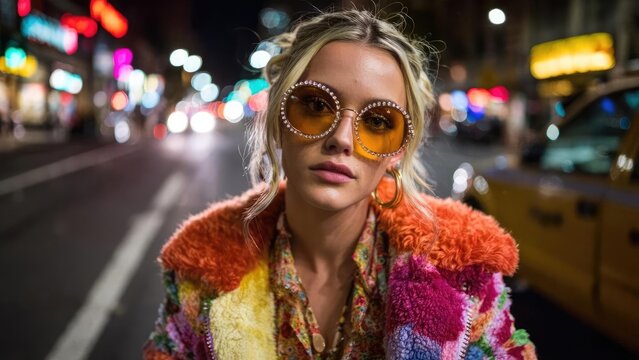 A woman in a rainbow fuzzy coat and rhinestone orange sunglasses on a neon-lit city street at night. Concept Neon City Night, Rainbow Fuzzy Coat, Rhinestone Sunglasses, Urban Night Portrait