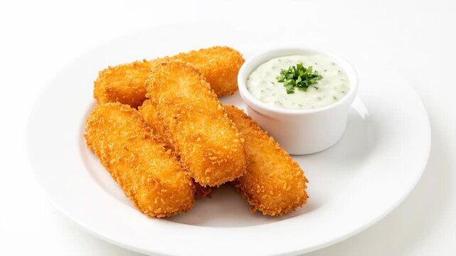 Crispy Fish Sticks with Tartar Sauce - This video showcases a plate of golden-brown, crispy fish sticks served alongside a small bowl of creamy tartar sauce garnished with fresh parsley.