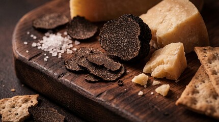 A culinary still life features sliced black truffles, various cheeses, sea salt, and crackers arranged on a rustic wooden board, a tempting display of gourmet ingredients and flavors.
