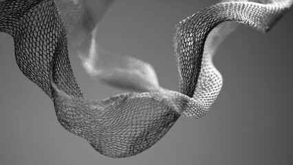Black-and-white image of flowing mesh fabric with hexagonal netting twisting gracefully in the air. Concept Monochrome motion, Flowing mesh fabric, Hexagonal netting in air