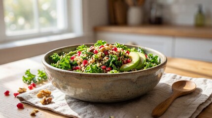 A colorful and nutritious quinoa salad with avocado and pomegranate, captured in a sunlit kitchen, representing wholesome eating habits.