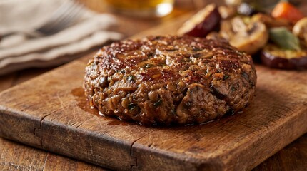 A mouthwatering burger patty sits proudly on a wooden board, with grilled vegetables creating a rustic, delectable composition for food lovers.