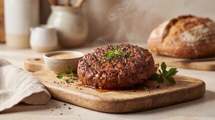 A mouthwatering gourmet burger, a culinary masterpiece on a wooden board.
