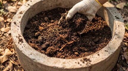 A gloved hand gently tills rich, fertile soil within a weathered concrete planter, offering a glimpse into the art of gardening.