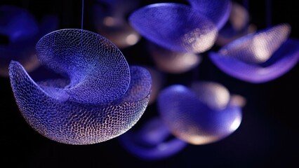 Purple glowing mesh sculptures hanging like curved shells against a dark background. Concept Purple glowing mesh sculptures, Hanging curved-shell forms, Dark ambient background