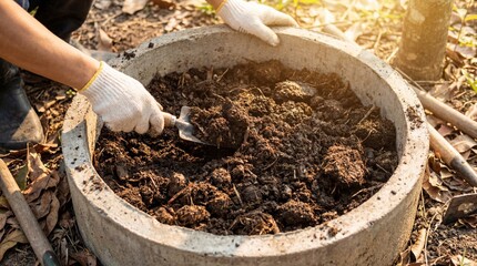 An individual meticulously tending to rich soil in a concrete container, creating a scene of nurturing and the promise of growth and gardening.