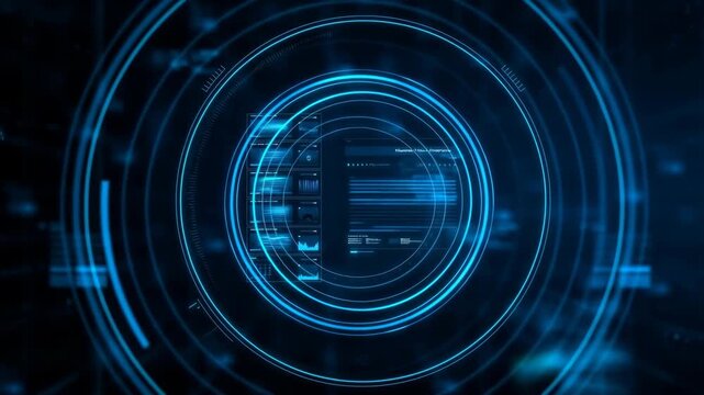 Futuristic digital interface with glowing blue circular patterns and data displays. Represents advanced technology and data visualization in modern applications
