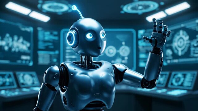 Futuristic Robot Interface - A futuristic silver robot stands in front of multiple screens displaying data and diagrams in a high-tech control room.