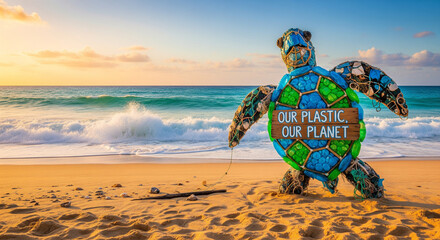 An artistic sculpture of a sea turtle made from recycled plastic waste on a sandy beach with the sign "OUR PLASTIC, OUR PLANET."