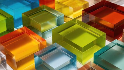 Colorful transparent square acrylic boxes with hollow centers arranged in a mosaic. Concept Colorful acrylic boxes mosaic, Transparent hollow-center cubes, Geometric cube installation