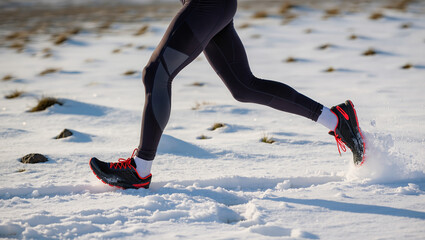 Close-up of runner&rsquo;s legs in black leggings and black shoes with red accents on snowy ground, flying snow emphasizing winter running, fitness, active lifestyle and cold season training