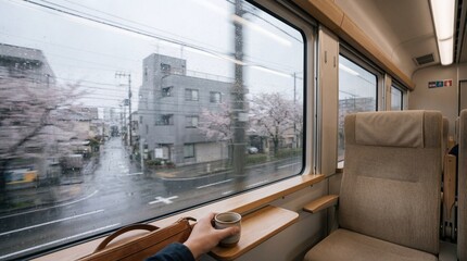 A serene train interior offers a glimpse of the cityscape with beautiful cherry blossoms, creating a moment of contemplative travel.