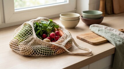 Fresh vegetables and fruits spilling out from a reusable shopping bag on a kitchen counter near the window, presenting eco-friendly choice and a healthy lifestyle.