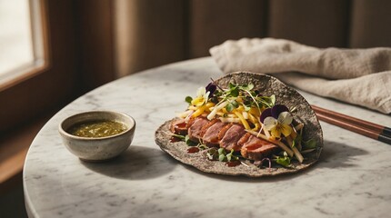 A culinary masterpiece, showcasing a beautifully crafted taco, bursting with flavors and colors, on a marble table with a savory sauce. 