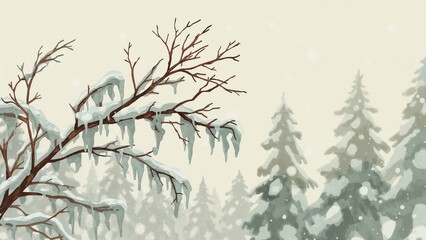 Obraz premium Winter scene with snow-covered trees and bare branches, snow falling gently, creating a peaceful winter landscape.