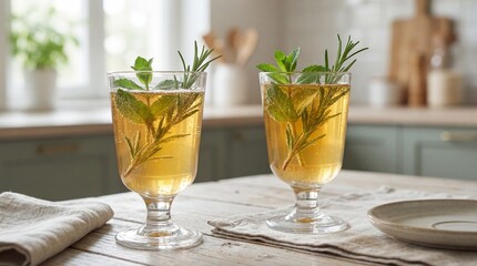 Two elegant glass goblets are filled with a refreshing concoction, garnished with sprigs of rosemary and mint, set on a wooden countertop in a bright and inviting kitchen setting. 