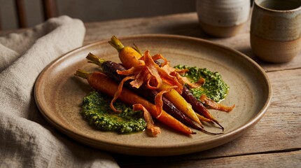An exquisite culinary creation features roasted carrots, artfully arranged on a rustic plate and complemented by a vibrant green pesto. The scene evokes a sense of gourmet dining and healthy eating.
