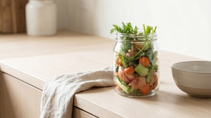 A mason jar brimming with fresh vegetable scraps sits on a neutral-toned countertop, a testament to sustainable living and the practice of reducing food waste.
