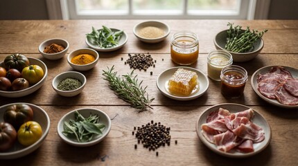 An enticing culinary display, arranged on a rustic wooden table, showcases an assortment of fresh ingredients, from colorful tomatoes to aromatic herbs and spices.