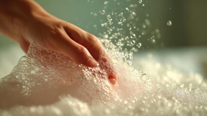 A hand running through frothy soap bubbles in a warm bath. Concept Bubble Bath, Soap Bubbles, Hand Close-Up, Warm Bath, Relaxation