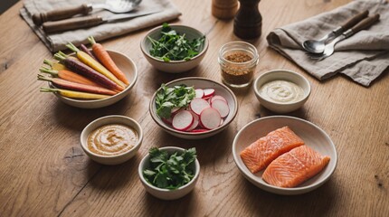 A meticulously arranged composition showcases a variety of fresh ingredients artfully presented on a natural wooden table. This shot evokes the beauty and essence of culinary preparation.