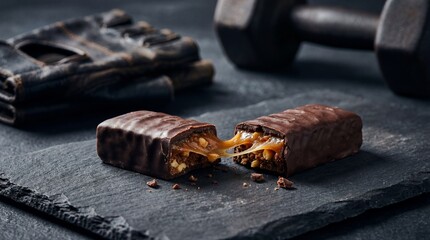 A close-up shot of a healthy snack, showcasing a delicious protein bar cut open to reveal its ingredients, alongside a dumbbell and workout glove.